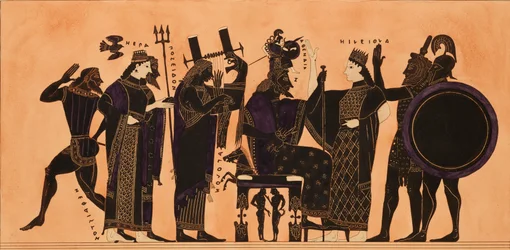 Décoration sur une amphore grecque, montrant Héphaïstos, Héra, Poséidon...