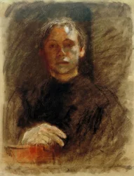 Käthe Kollwitz, autoportrait de face avec la main droite