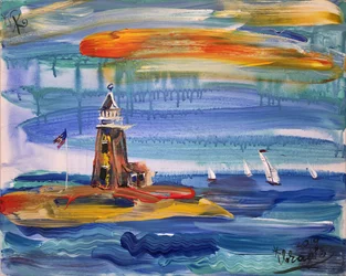 Paysage marin avec un phare coloré