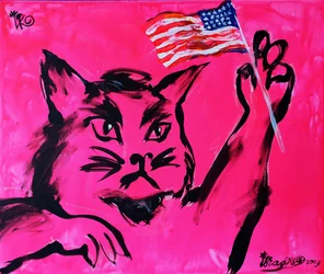 Chat rose et drapeau américain
