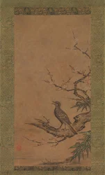 Bulbul à oreilles brunes Hiyodori sur une branche de prunier, milieu à fin du XVIe siècle