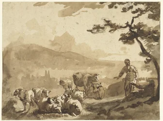 Paysage de montagne avec des bergers et leurs troupeaux de moutons et de vaches