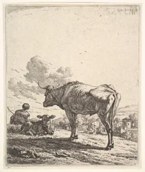 Vacher avec vache et veau sur une colline, le vacher vu de dos et assis