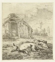 Trois cochons devant une cabane (Animaux)