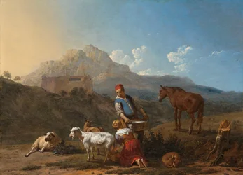 Paysage italien avec fille trayant une chèvre