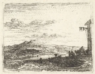 Paysage avec coin de bâtiment et auvent à l