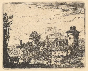 Paysage avec deux chèvres cornues dans l