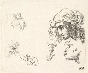 Étude de têtes en vue de profil, une femme avec un foulard et un homme barbu, vers 1641-78