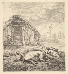 Trois cochons couchés sur le côté, une porcherie et une auge au-delà, 1652