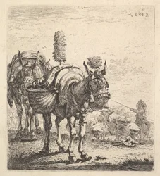 Deux Mules portant des Paniers et Équipées de Œillères, Plumes et Glands