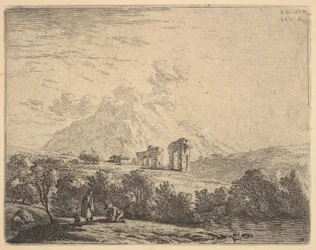 Vue de la colline avec des ruines, un aqueduc et un éperon rocheux au-delà, au premier plan un m..., 1658