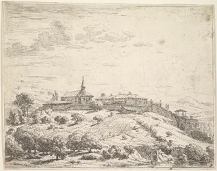 Village fortifié sur une colline, avec une église à gauche et des bâtiments construits sur la pente..., 1658