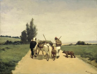 Famille itinérante sur un chemin de campagne