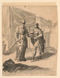 Dessin, personnage présentant des pains à un général, vers 1650