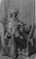 Figure assise en cape et turban, tenant un livre. Tournée vers la droite.
