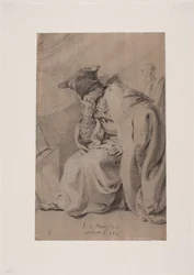 Jeune homme pensif assis avec la main sous la joue. Cape et bonnet de fourrure