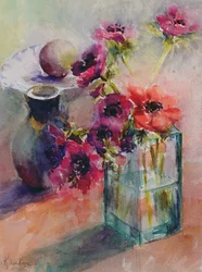 Anémones dans un vase en verre vert, 2002