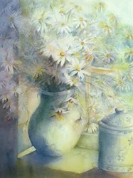 Asters - Snowsprite dans un pichet sur le rebord de la fenêtre