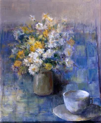 Tasse à thé et marguerites (huile sur toile)