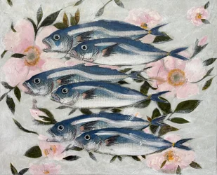 Poisson bleu, fleurs roses