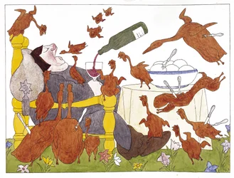 Illustration de "Schlaraffenland" de Hans Sachs (1494-1576) (plume, encre et aquarelle sur papier)