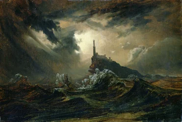 Mer orageuse avec phare