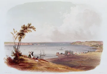 Entrée dans la baie de New York, Staten Island, gravé par Salathe (lithographie en couleur)