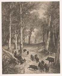 Groupe de sangliers fuyant deux chasseurs à cheval