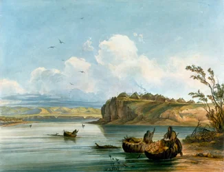 Femmes amérindiennes Mandan traversant le fleuve Missouri sur des bateaux en peau de buffle, Civilisation amérindienne, États-Unis