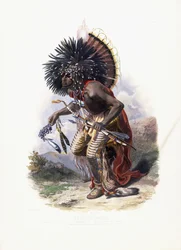 Pehriska-Ruhpa, guerrier Moennitarri en costume de la danse du chien, 1840