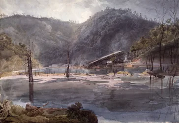 Vue de Mauch Chunk, Pennsylvanie, avec la voie ferrée