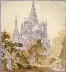 Paysage boisé avec une église gothique
