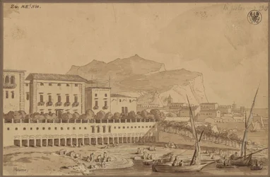 « Vue depuis le balcon de mon logement à Palerme, le petit port de la ville, avec le Monte Pellegrino au loin »