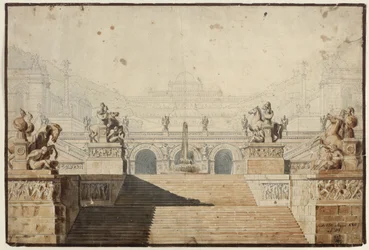 Armida. Opéra de Christoph Willibald Gluck. Projet pour le 1er décor. Palais avec ensemble d