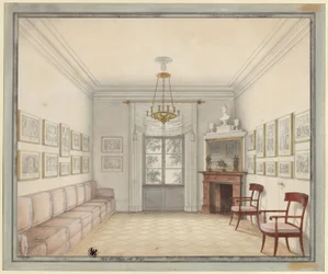 Berlin. Château de Charlottenburg, parc du château, Nouveau Pavillon (pavillon Schinkel). Vue de la salle blanche comme modèle pour l