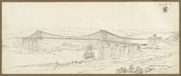 Vue du pont suspendu sur le détroit de Menai près de Bangor, au pays de Galles