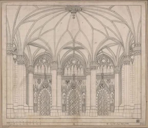 Décoration à usage général. Salle gothique avec trois portes et de larges fenêtres