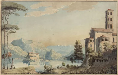 Décoration à usage général. Paysage avec lac et église