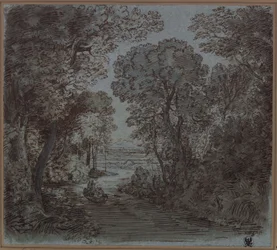 Une rivière sous les arbres, avec vue sur une montagne au loin