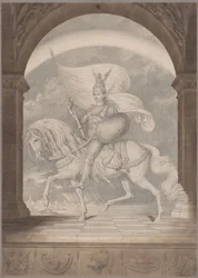Un cavalier à cheval en armure complète / Le génie de la Prusse en chevalier