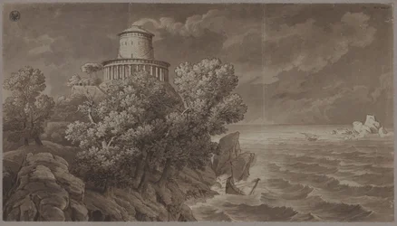Côte rocheuse avec un phare de style antique par mer agitée