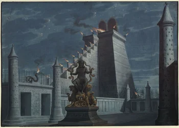 Fernand Cortez, ou : La conquête du Mexique. Opéra de Gaspare Spontini. Projet pour le 1er décor. Temple du feu indien
