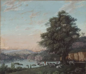 Paysage idéal italien avec arbre, troupeau et montagnes