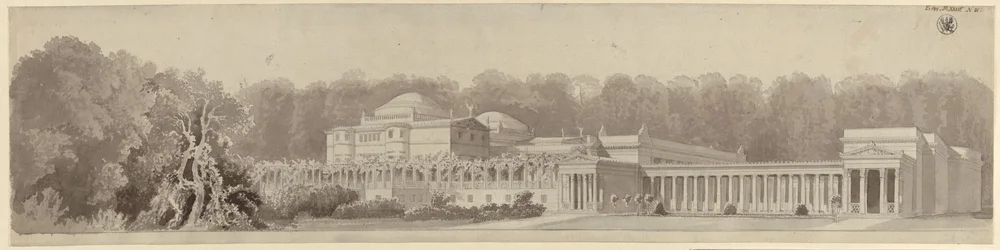 Potsdam-Sanssouci. Ancienne maison de campagne près du château de Charlottenhof. Vue en perspective depuis le nord-est