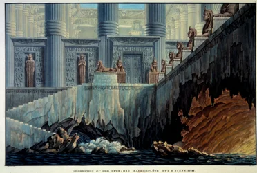 Décor de théâtre pour La Flûte enchantée (Die Zauberflöte) de Mozart. Gravure par Karl Schinkel