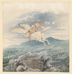 Figure féminine (souffleuse de bulles de savon) en allégorie de Christian Peter Wilhelm Beuth, chevauchant Pégase au-dessus d