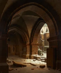 Vue sur la cour du monastère en hiver
