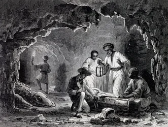 Découvertes archéologiques dans les grottes de Samoun, gravure d
