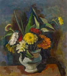 Bouquet dans un vase gris (zinnias)