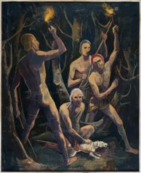Des hommes avec des torches dans la forêt
